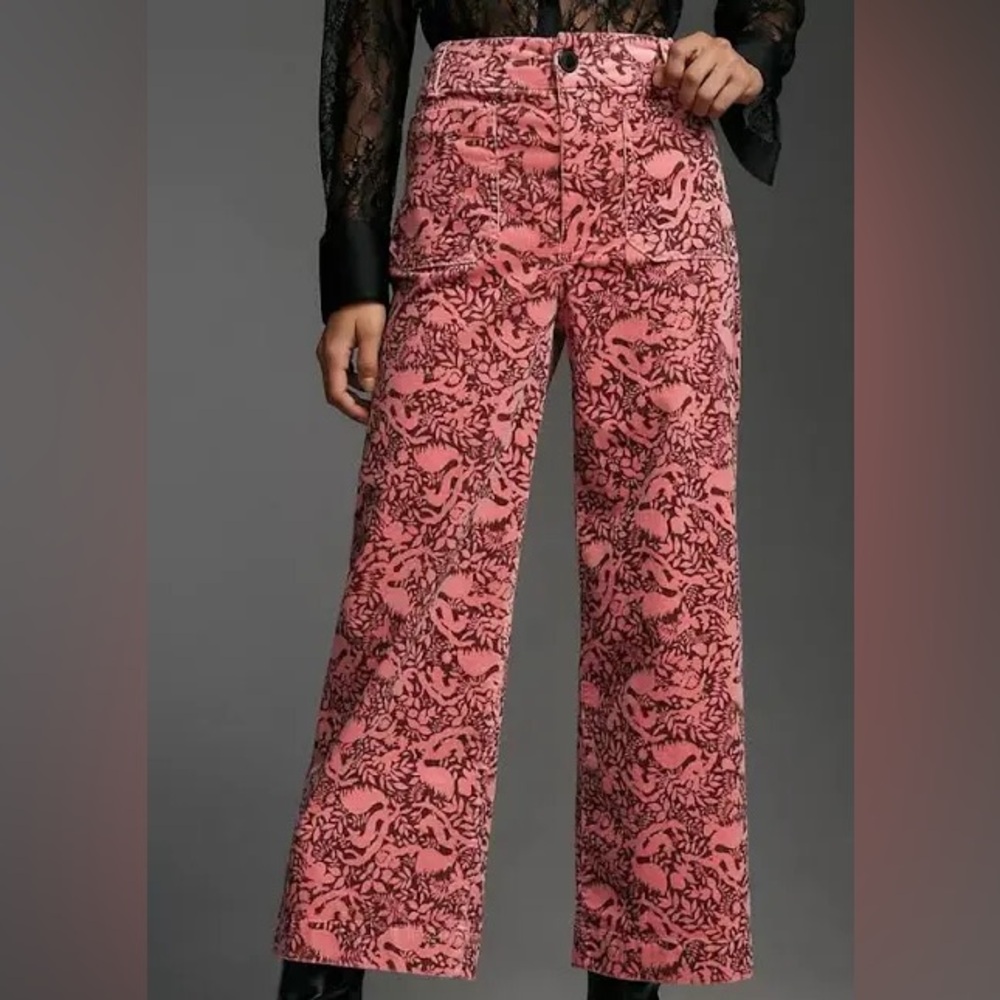 Anthropologie The Colette Cropped Wide-Leg Corduroy Pink Floral Pants NWOT